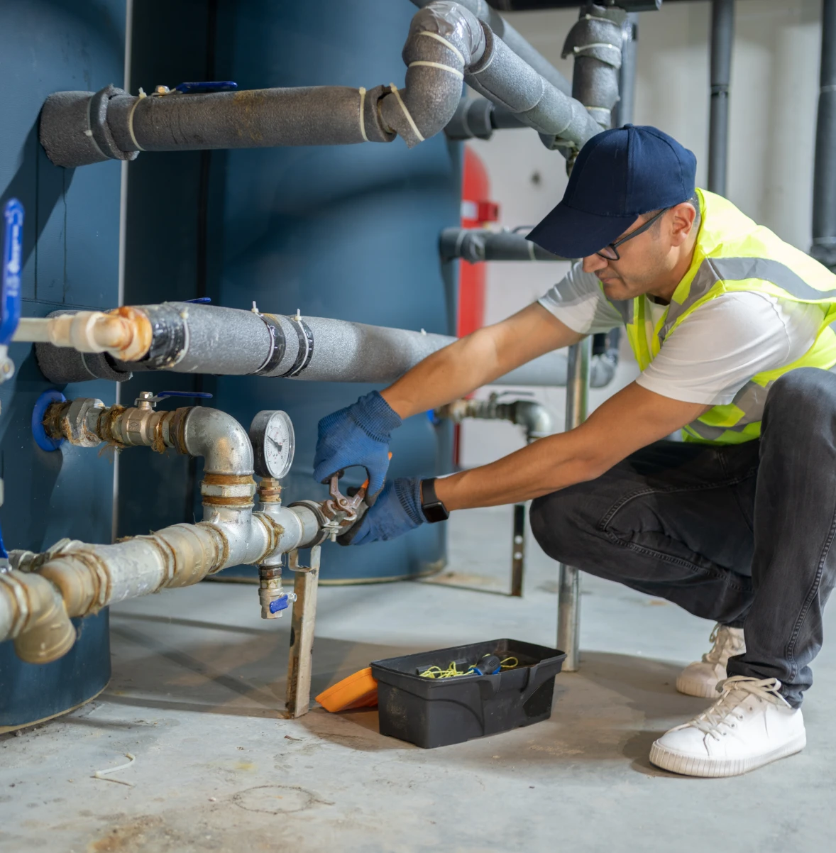 Plumber repairing industrial pipes