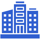 Blue building icon on black background